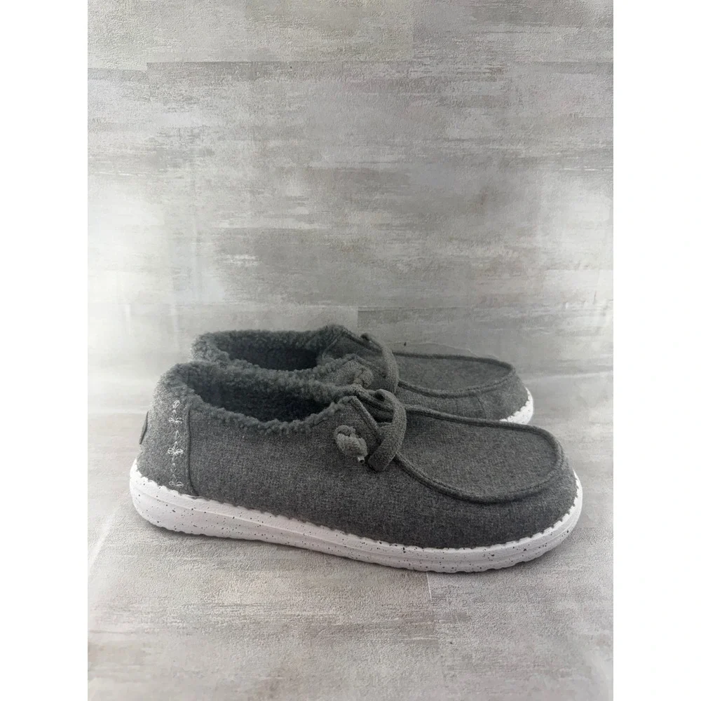 Hey Dude Wendy Wool Cozy Charcoal Grey Faux Fur Lined Loafers Women Sz 10